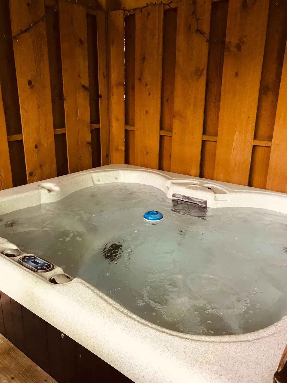 A tranquil indoor hot tub surrounded by warm wooden walls, with bubbling water inviting relaxation. The setting is intimate and private, perfect for a soothing soak just steps from the bed.