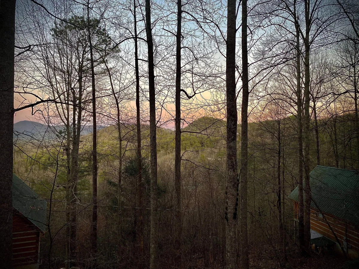 An expansive mountain view stretches beyond bare trees, with a charming cabin visible to the left. The tranquil scene is bathed in soft light, evoking the crisp, refreshing air and natural beauty of the Smoky Mountains.