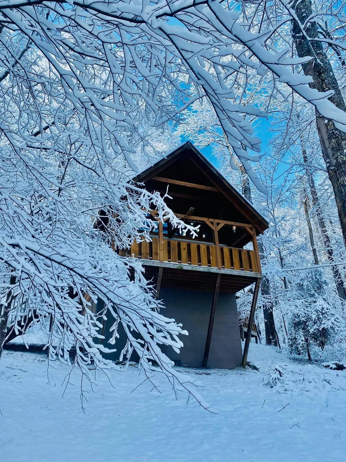 A peaceful scene of snow-covered branches, a wooden balcony, and the cabin itself. The image suggests relaxing on the balcony while enjoying the sights and sounds of nature, reinforcing the idea of unwinding after outdoor activities.