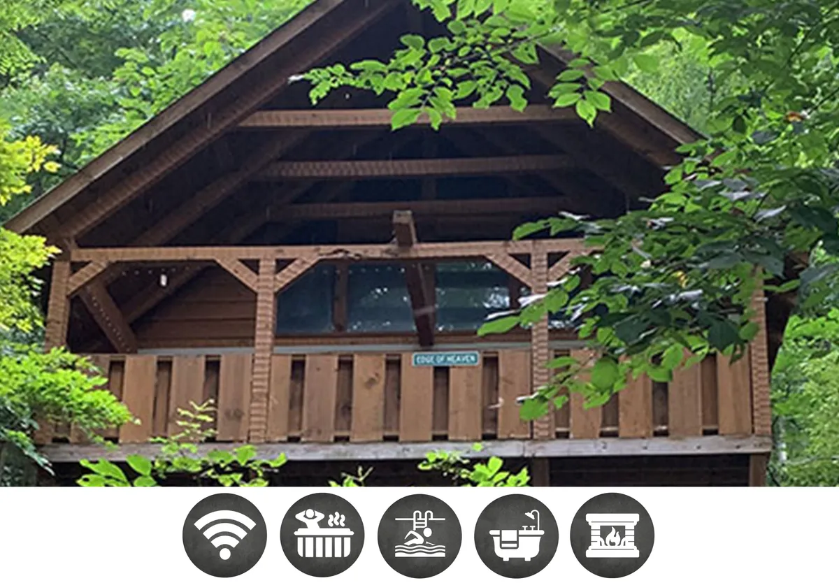 The hero image showcases the charming wooden exterior of the Blessed Nest cabin, set amid lush greenery. A spacious wooden balcony invites guests to relax and soak in the tranquil mountain atmosphere, while large windows offer glimpses of the cozy interior. The natural surroundings evoke the serene beauty of the Great Smoky Mountains.